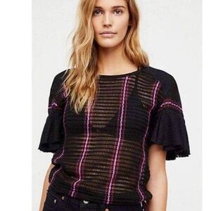 Free People Babes Only Stripe Knit Short Sleeve Woven Top Sz S